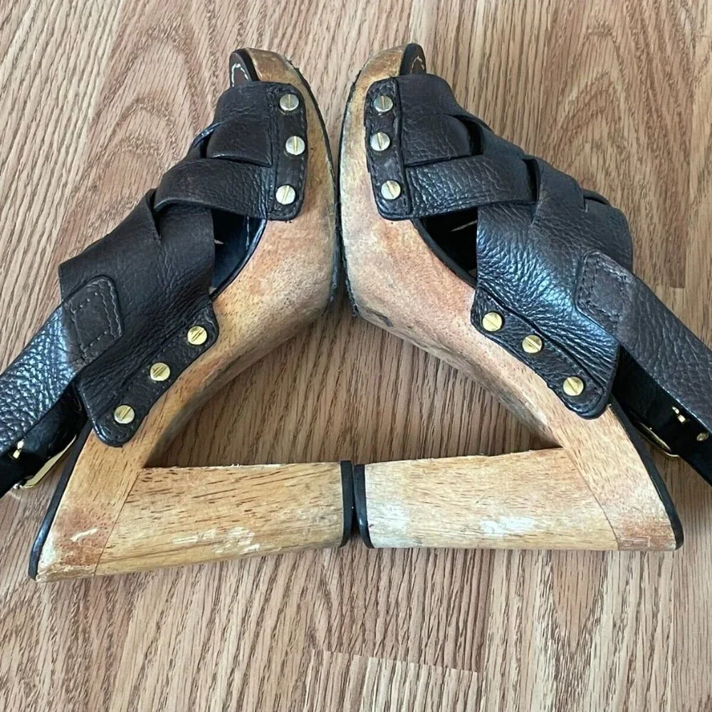 Tory Burch Women Heel Sandal Shoes Dark Brown Leather Upper Wood Heel Size 6 - Picture 8 of 12